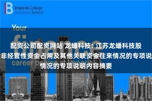 配资公司配资网站 龙蟠科技: 江苏龙蟠科技股份有限公司非经营性资金占用及其他关联资金往来情况的专项说明内容摘要